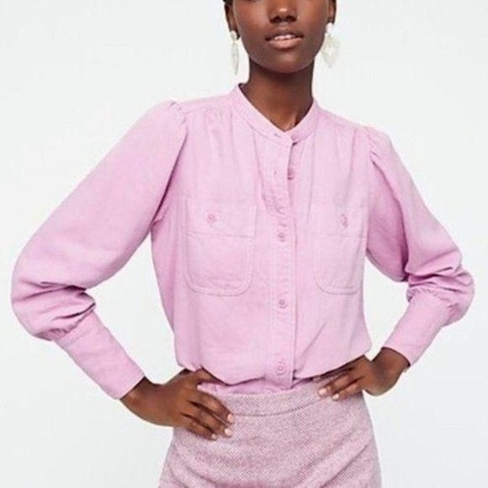 J. Crew Point Sur Size LARGE Shirt Blouse Twill Pleated Drape Button Down Pink